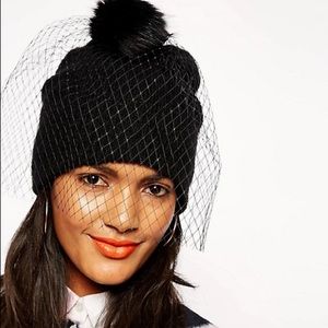 Black beanie hat with birdcage veil